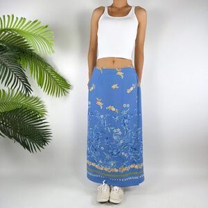 Vintage Blue Floral Cottagecore Prairie Low Rise Boho Maxi Wrap Skirt / 18W